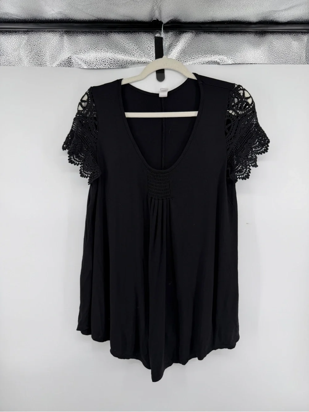 Whimsigoth Coqette Cottagecore Boho Witchy‎ Black Crochet Lace-Sleeve Top SzM